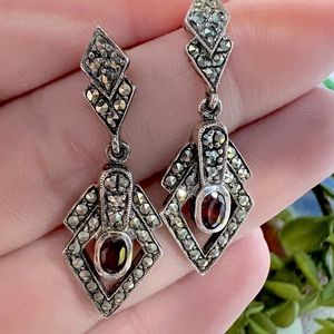 Vintage Solid 925 Sterling Silver Statement Earrings Garnet Dangle Earrings